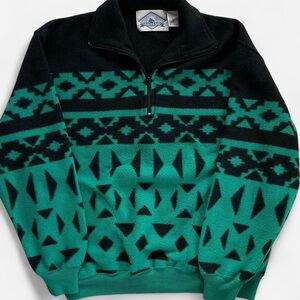 Vintage Trader Bay Black Green Aztec Collared Half Zip Fleece Pullover Sweater